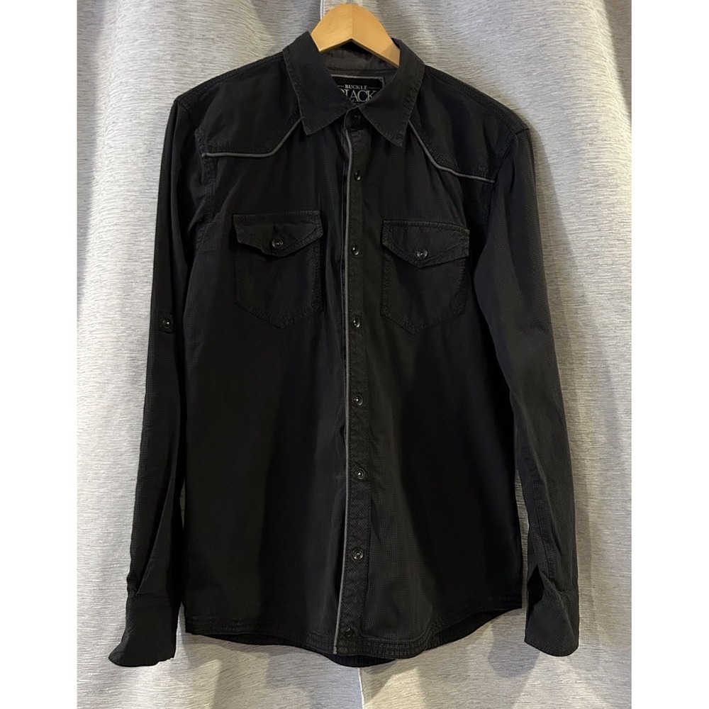 Buckle Black Shirt Men Medium Slim Fit Embroidered‎ Snap Button Up